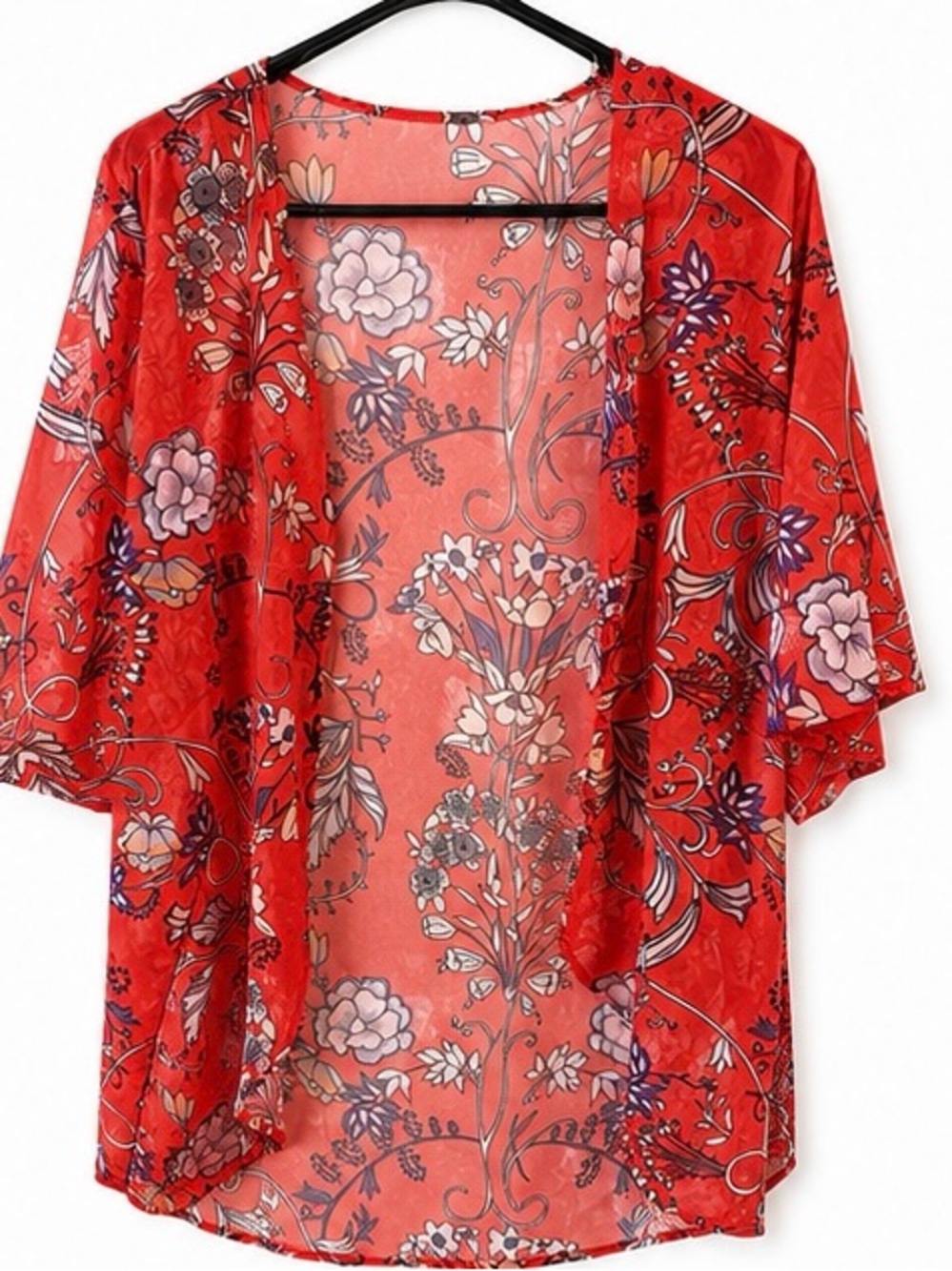 Floral Red Sheer Kimono Cover-Up